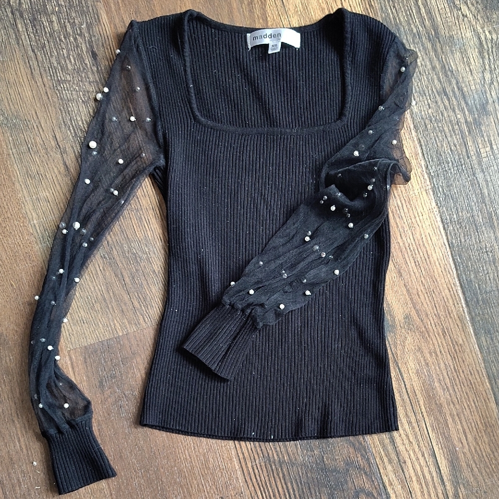 Madden Girl Black Rib Knit Top with Sheer Pearl-Embellished Sleeves